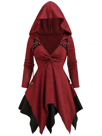 Red 1980s Asymmetrical Hem Gothic Hooded Jacket