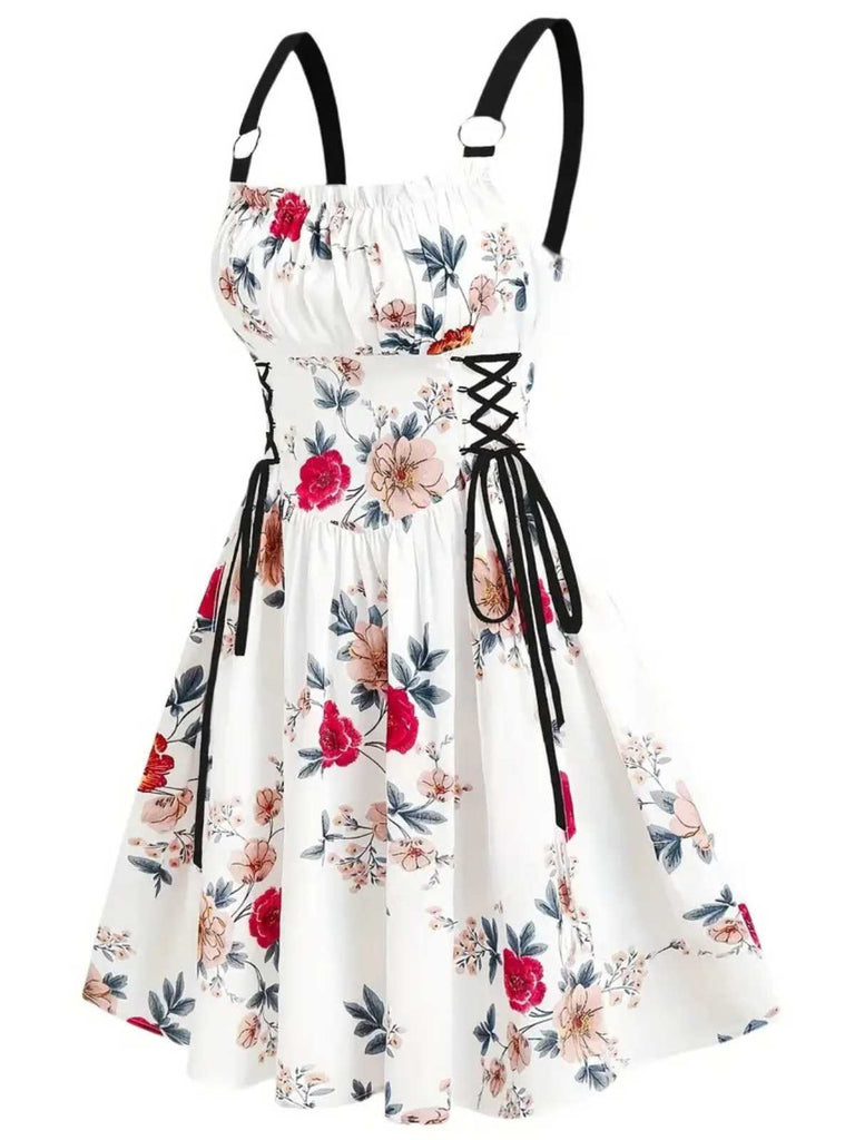 1950s Strap Floral Butterflies Lace-Up Corset Dress