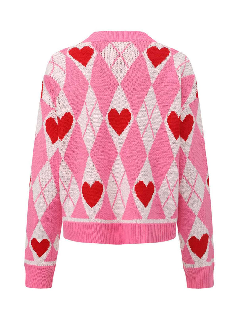 Pink 1950s Valentine Heart Knit Cardigan Sweater
