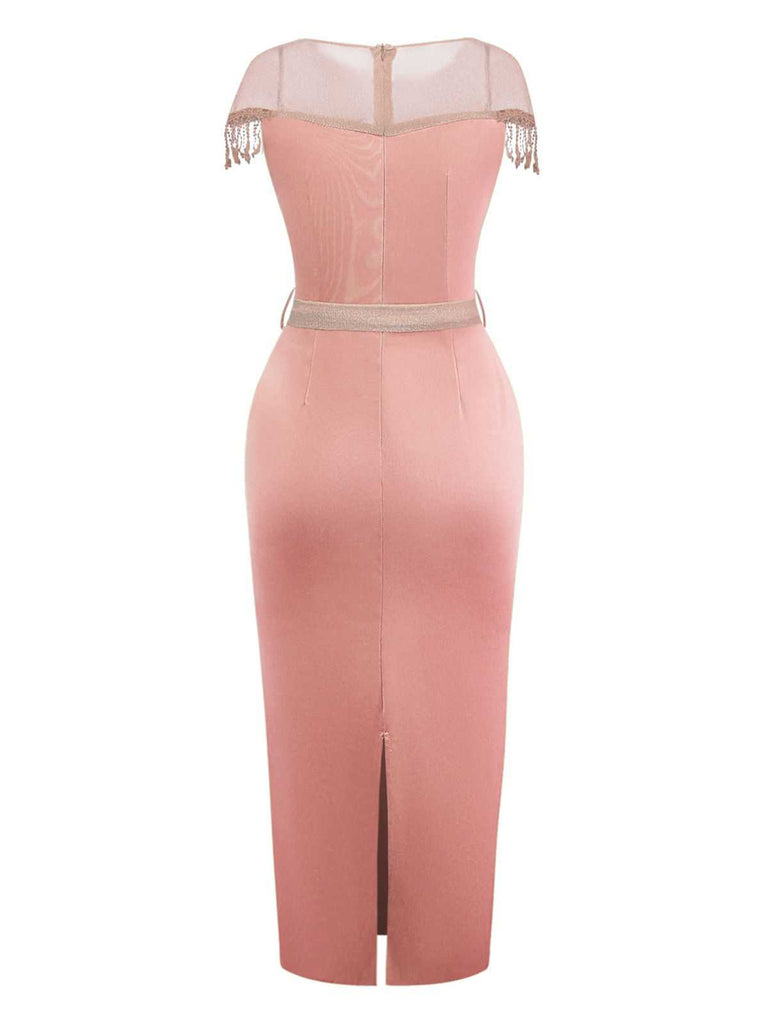 1960s Sheer Fringe Belted Bodycon Dress