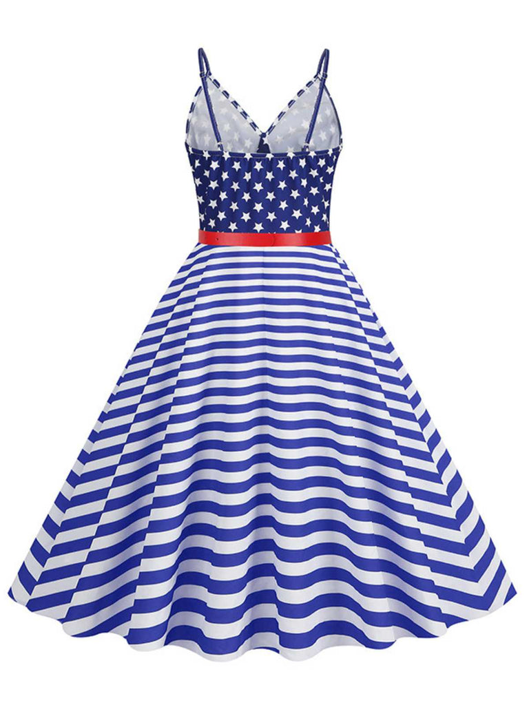 1950s V-Neck Star Stripes Flag Belted Swing Dress