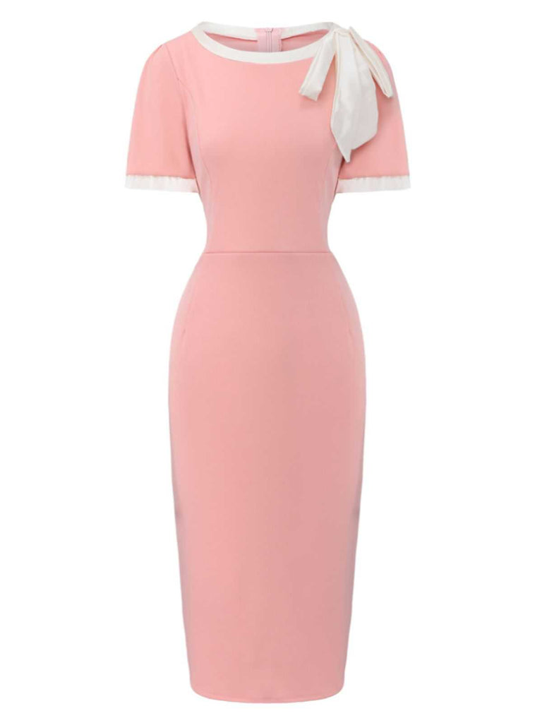 1960s Round Neck Colorblock Bow Bodycon Dress