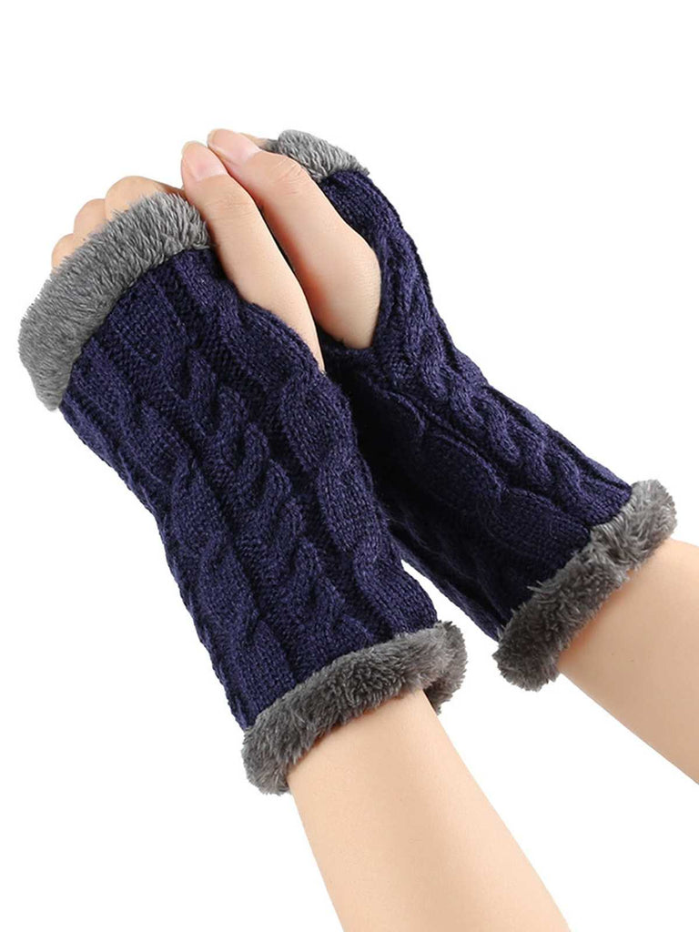 Winter Faux Fur Trim Knit Fingerless Gloves