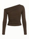 Brown 1980s Off-Shoulder Ruched Long-Sleeve Top
