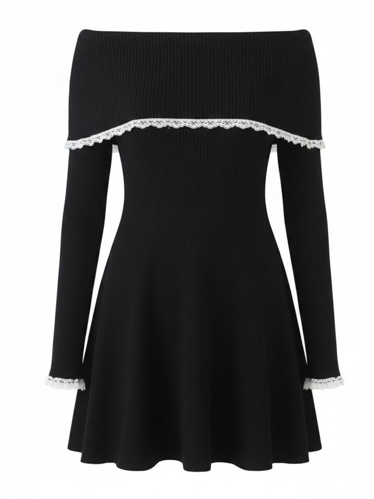 White 1970s Off-Shoulder Lace Knitted Dress