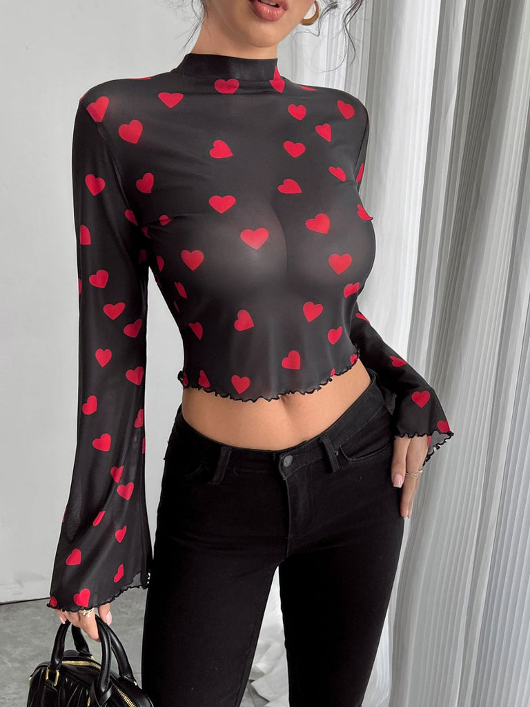 1970s Heart Mesh Flared Sleeve Cropped Top