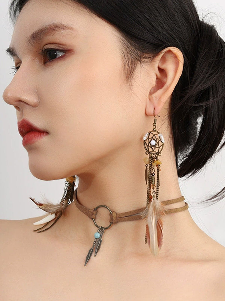 Leather Choker & Feather Dreamcatcher Tassel Earrings Set