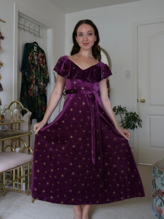 Purple 1940s Velvet V-Neck Star Ruffle Dress