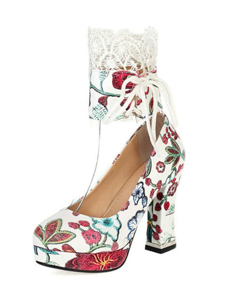 Vintage Lace-Up Embroidered Floral High Heels
