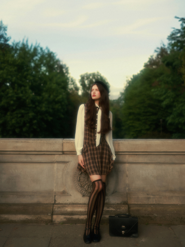 Brown 1960s Plaid Bow Tie Button Swing Dress