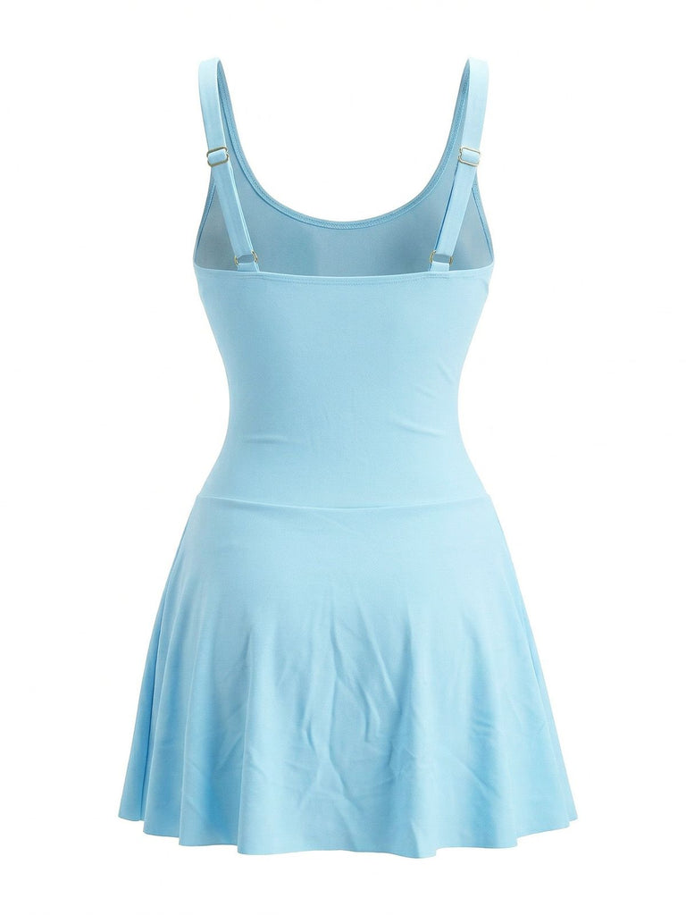 1940s Floral Strappy Scoop-Neck Tie Mesh Swim Dress