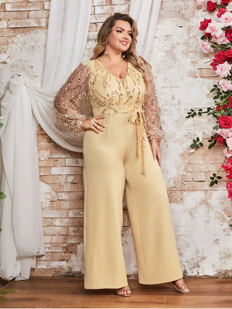 [Plus Size] Light Yellow 1980s Sequined Tassel Mesh Bow Jumpsuit