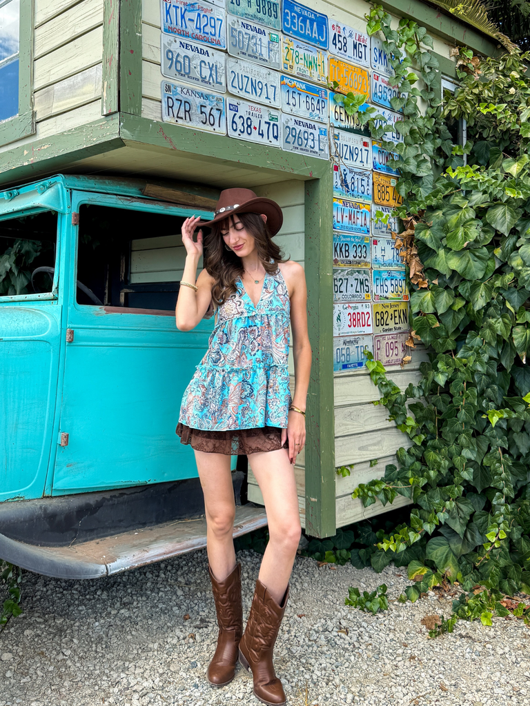 1970s Boho Paisley Halter Deep-V Backless Mini Dress