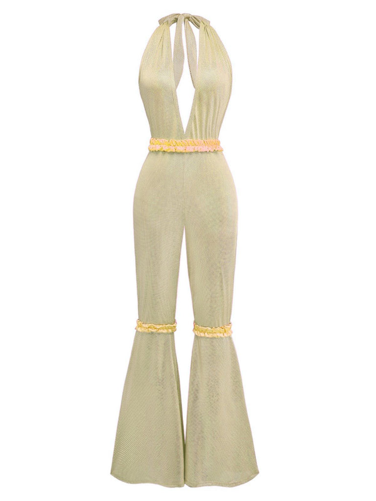 1970s Sheer Solid Deep V-Neck Flare Jumpsuit
