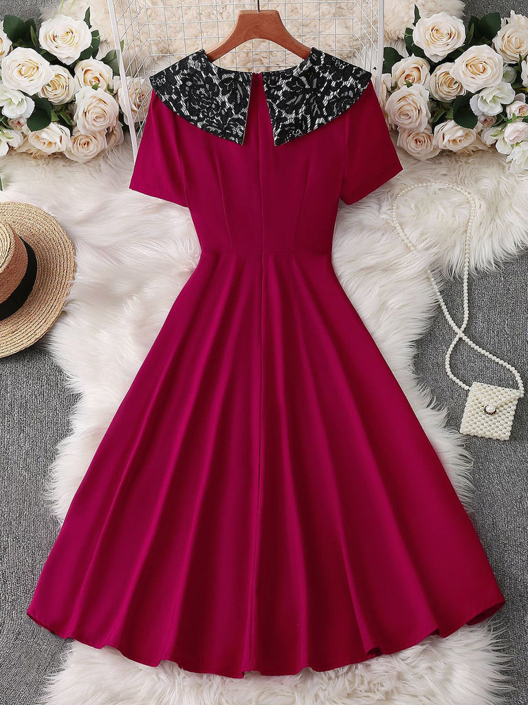 Red 1950s Lace Floral Sailor Collar Swing Dress