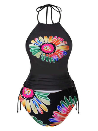 1960s Halter Neon Daisy Lace-Up Tankini Set