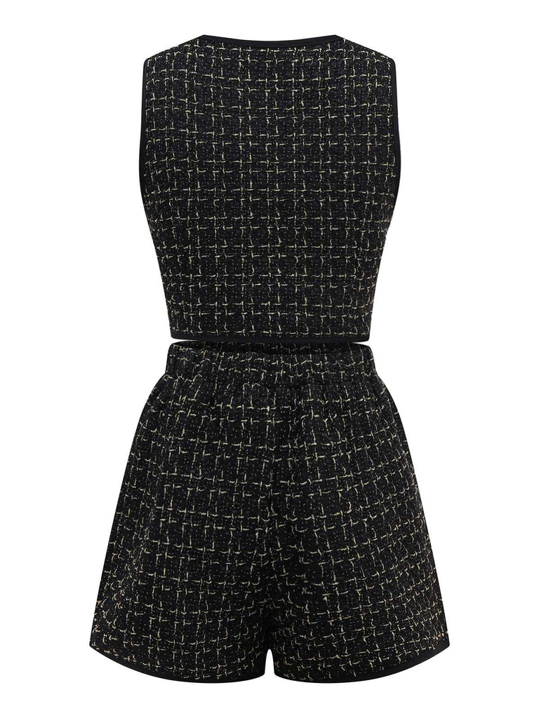 2PCS Black 1970s Tweed Plaids Vest & Shorts