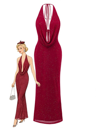 1980s Backless Cowl Glitter Halter Slit Maxi Dress