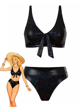 1970s Snakeskin Metallic Tie-Front Bikini Set