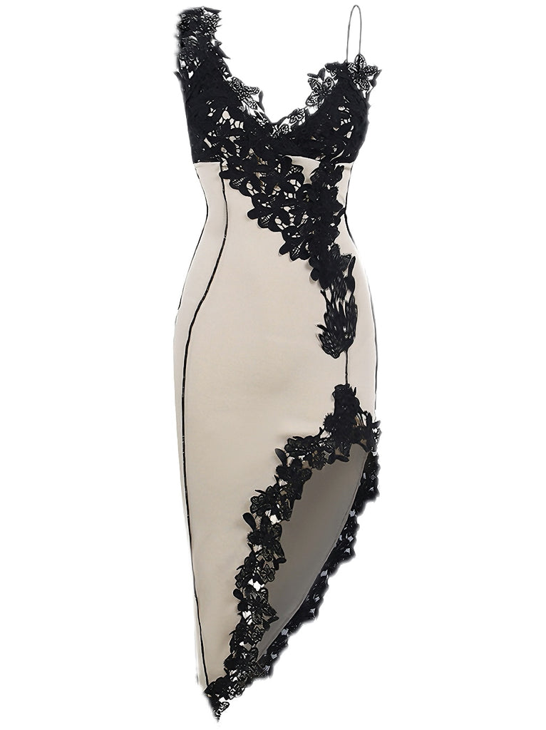 1960s Deep V-Neck Asymmetric Lace Bodycon Dress