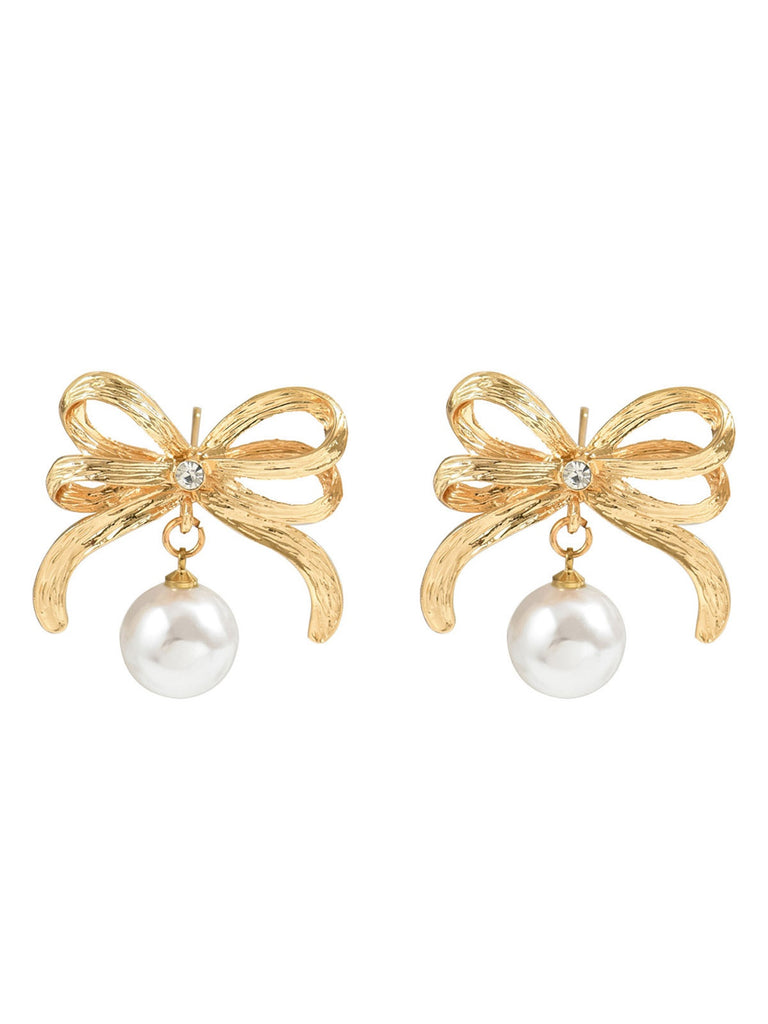 Gold Bowknot Pearl Alloy Drop Earrings