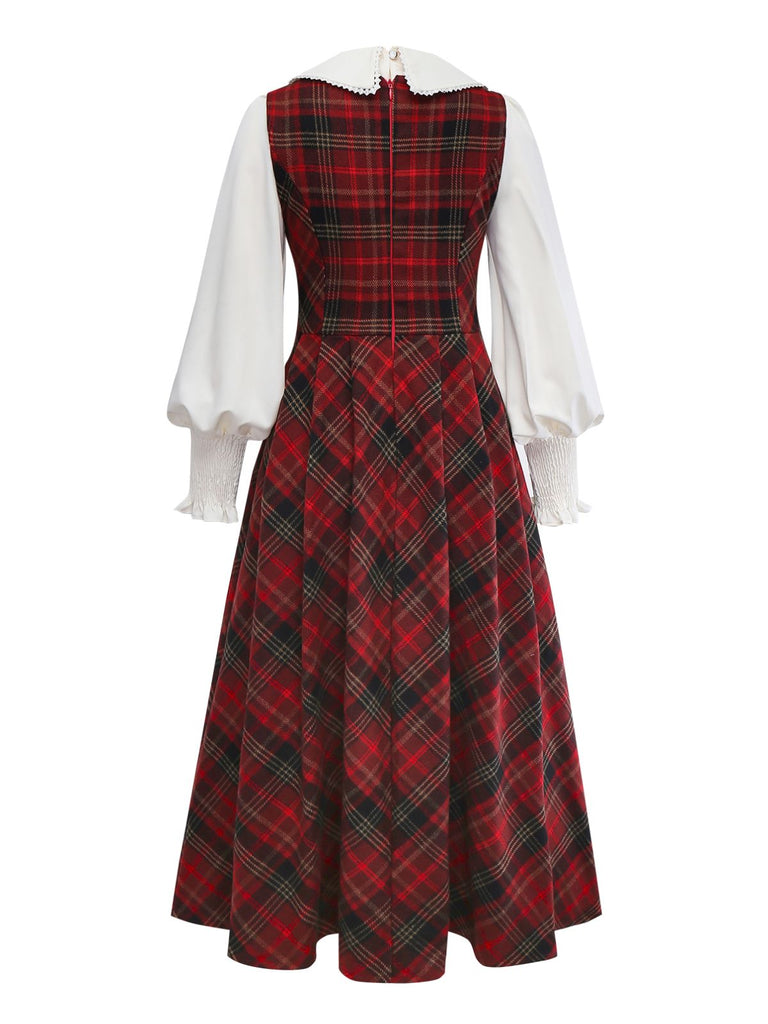 2PCS Red 1940s Peter Pan collar Blouse & Plaid Swing Dress