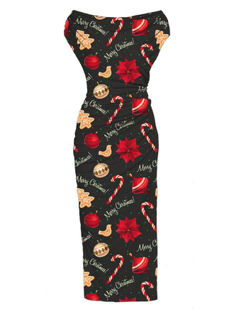 Black 1960s Christmas Cap Sleeve Slim Pleated Dress