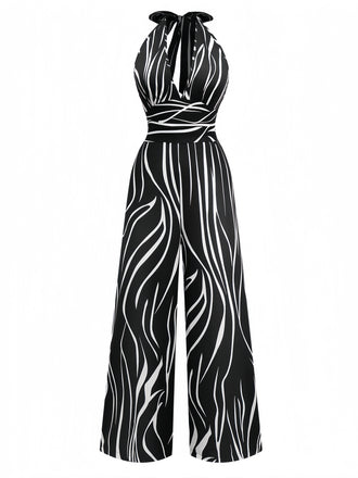 Black & White 1930s Irregular Print Halter Jumpsuit