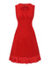 Red 1960s Bow Neck Ruffle Hem Sleeveless Dress