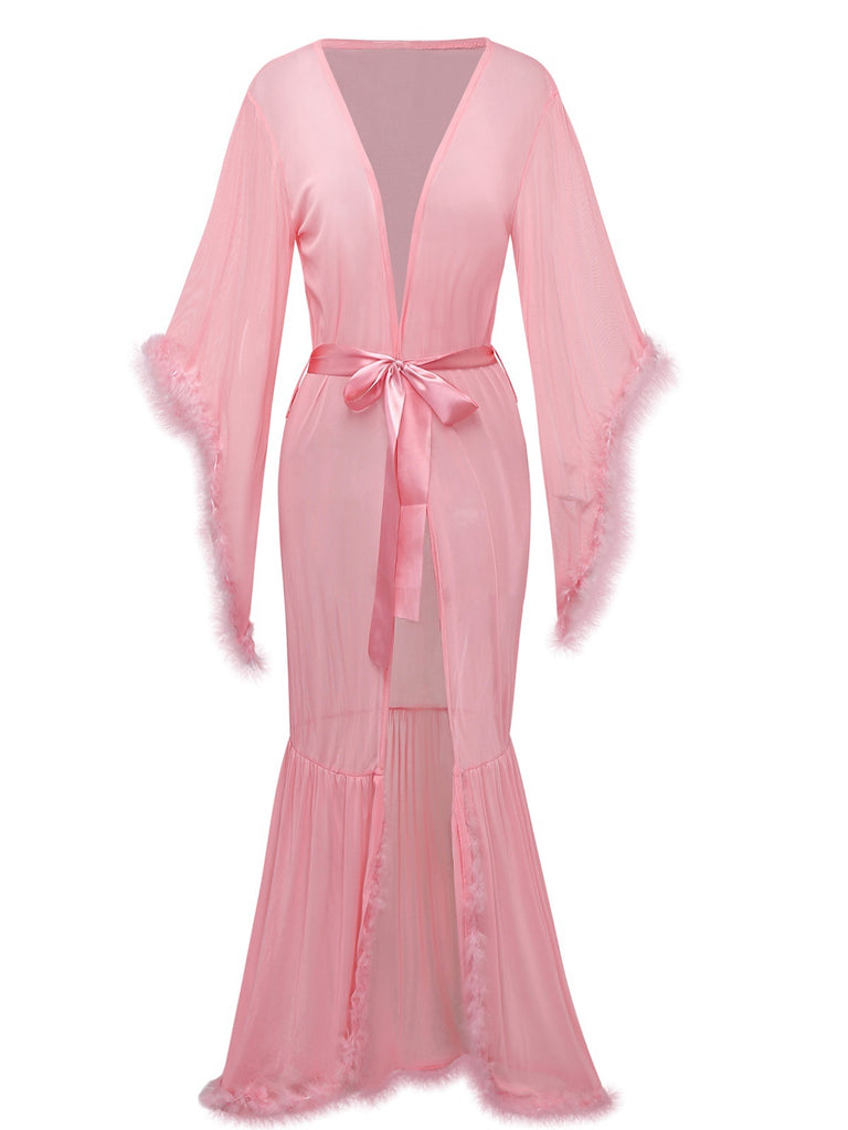 1930s Solid Feather Trim Lace-Up Mesh Robe