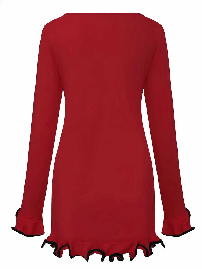 Pink 1960s Ruffle Hem Long Sleeve Dress