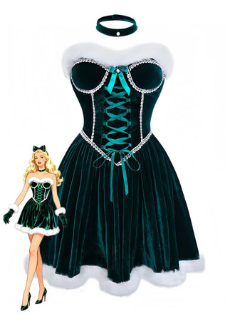 Green 1960s Velvet Fringe Strapless Mini Dress