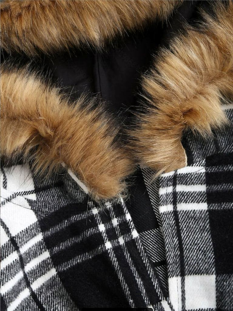 1940s Plaid Toggle Faux Fur Trim Hooded Coat