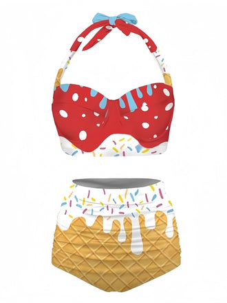Red 1970s Halter Ice-Cream Cone Bikini Set