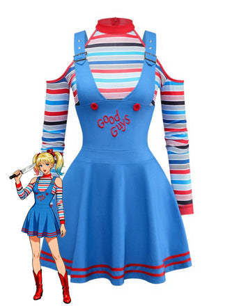 Blue 2PCS 1960s Halloween Chucky Striped Top & Wide Strap Dress