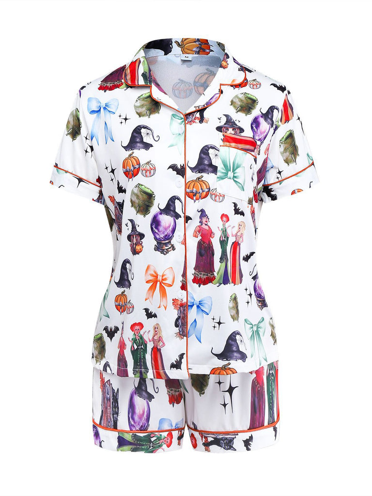 1970s Halloween Witch Print Satin Pajama Set