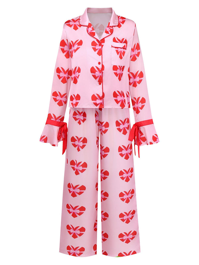 Pink 1980s Heart Bow Satin Pajama Set