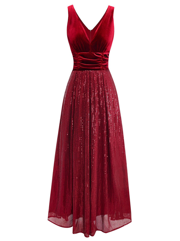 Burgundy 1950s Velvet Sequin V-Neck Maxi Dress