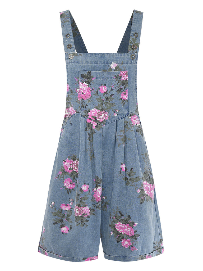 Blue 1960s Denim Floral Pocket Wide Strap Romper