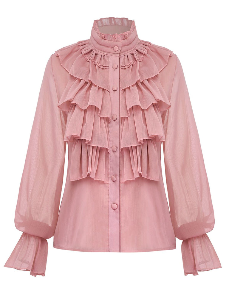 Pink 1980s Chiffon Ruffled High-Neck Blouse
