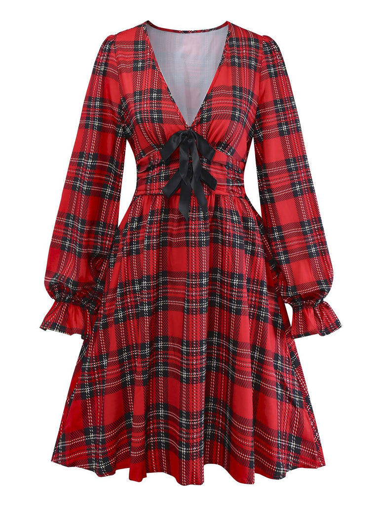 Red 1950s Plaid Bow Deep-V Long Sleeves Dress