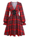 Red 1950s Plaid Bow Deep-V Long Sleeves Dress