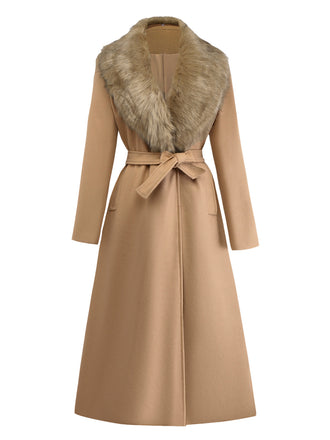 Khaki 1920s Solid Fur Collar Belted Coat