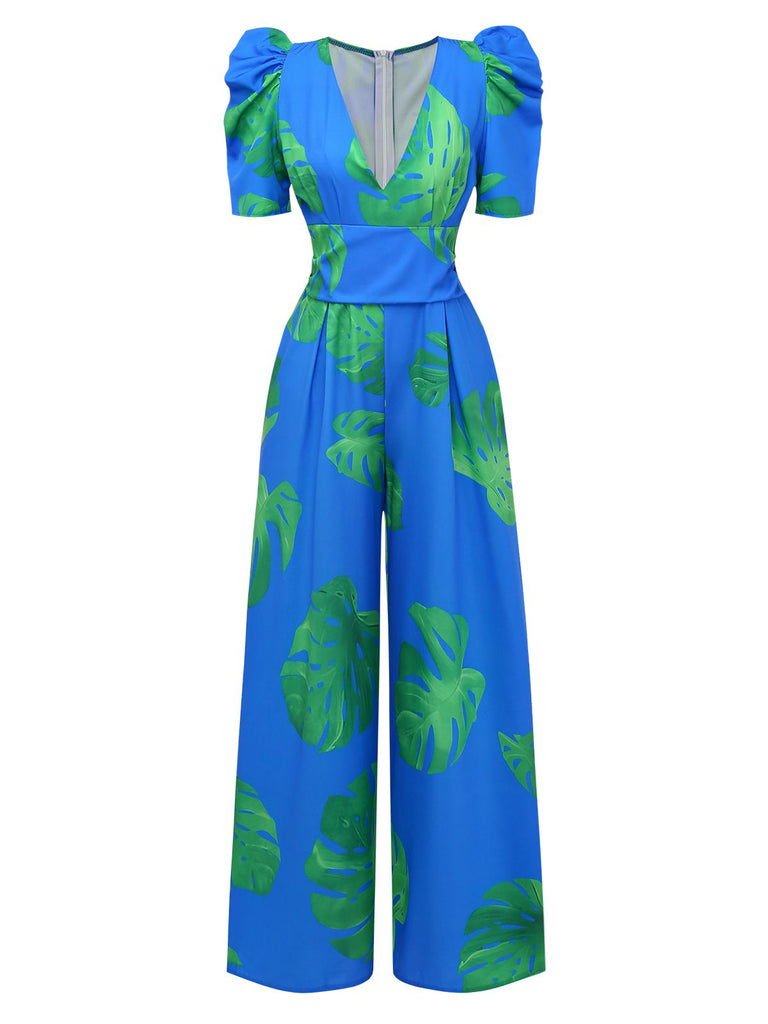 Blue 1970s Boho V-Neck Tropical Palm Leaf Jumpsuit