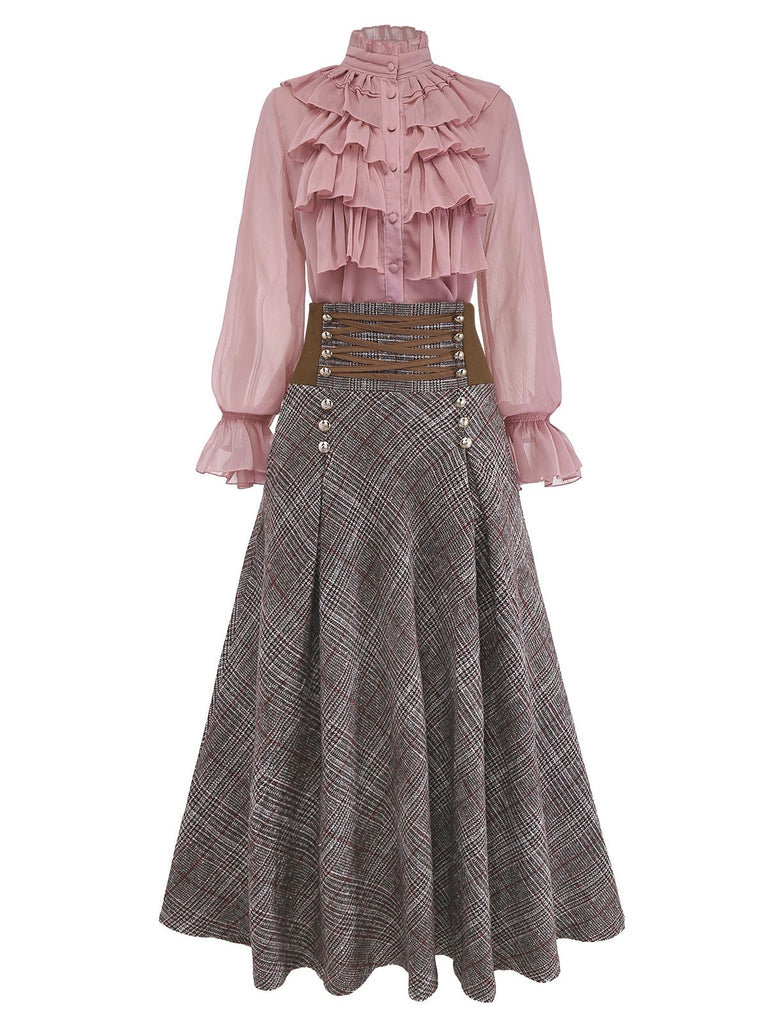 2PCS 1980s Chiffon Ruffled High-Neck Blouse &  Lace-Up Plaid Skirt