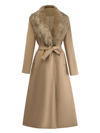 Khaki 1920s Solid Fur Collar Belted Coat