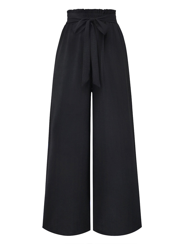 Black 1970s Solid Belted Wide-Leg Pants