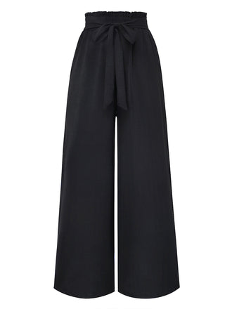 Black 1970s Solid Belted Wide-Leg Pants
