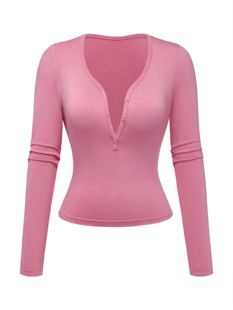 1970s Solid Button V-Neck Long Sleeve Top