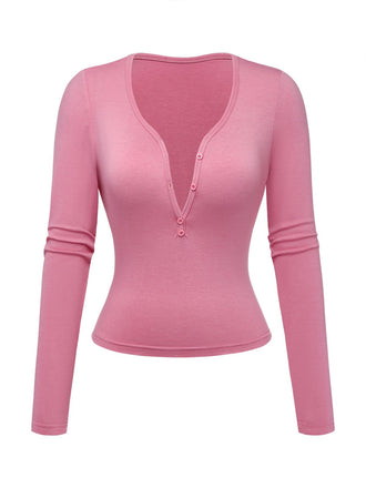 1970s Solid Button V-Neck Long Sleeve Top